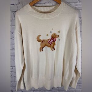 Stitch By Chenault Cream Whimsical Holiday Minimalist Golden Retriever Sweater L